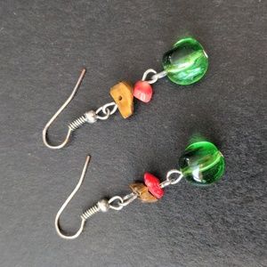 Vintage dangle earrings with natural pink corals and tiger eye stones